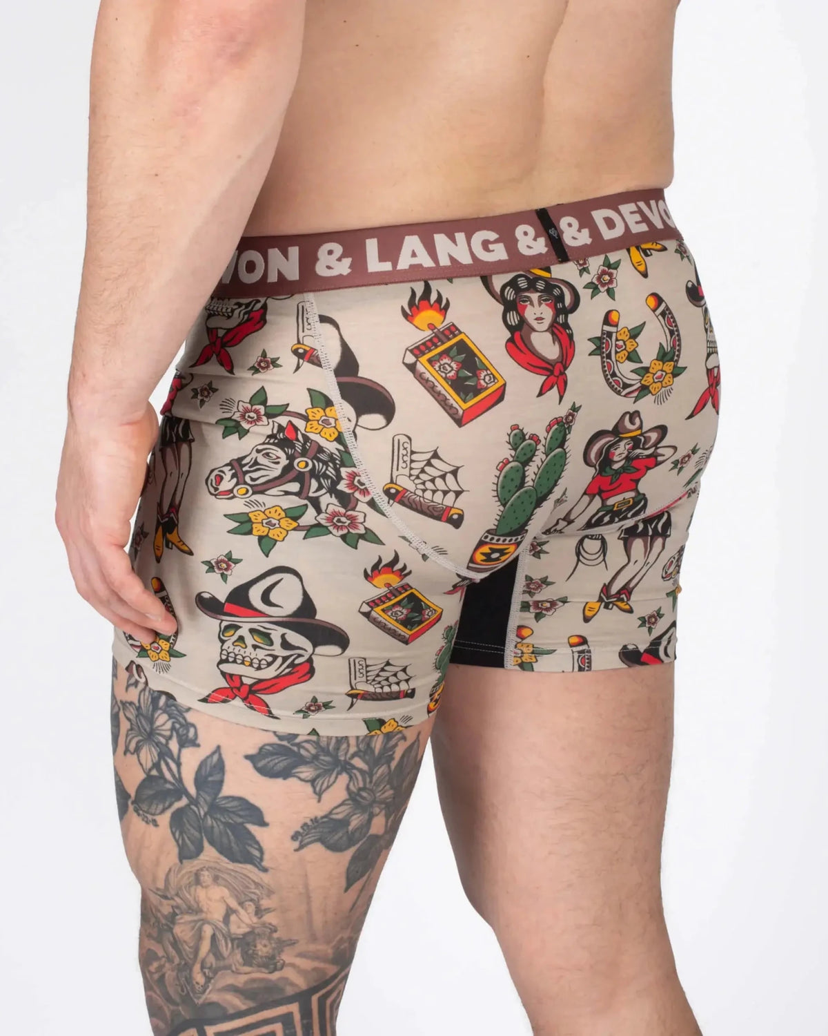 Devon + Lang Journey Boxer Brief vintage outlaw print shown on model