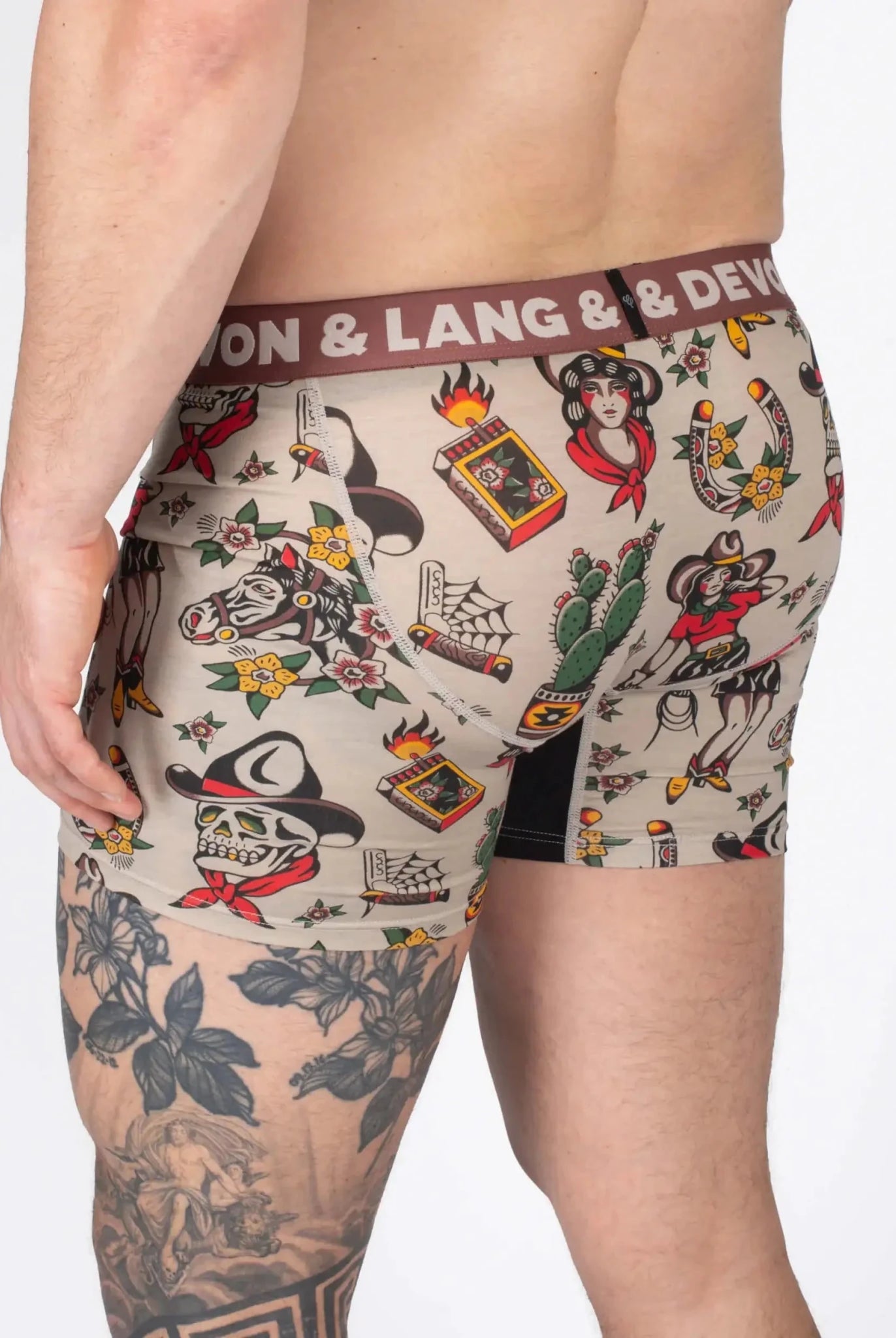 Devon + Lang Journey Boxer Brief vintage outlaw print shown on model