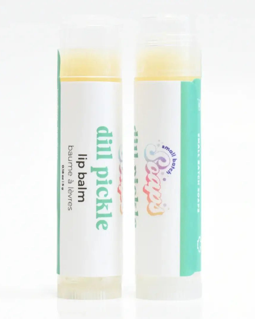 Dill Pickle Lip Balm packaging showcasing crunchy and tart flavor in a lip balm tube.