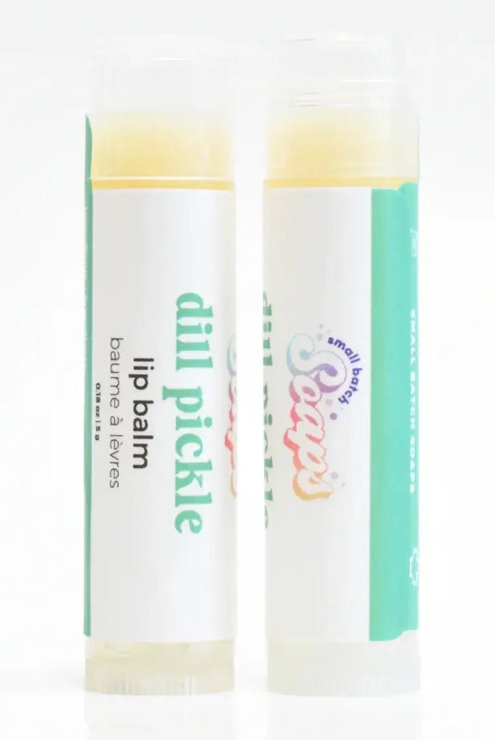 Dill Pickle Lip Balm packaging showcasing crunchy and tart flavor in a lip balm tube.