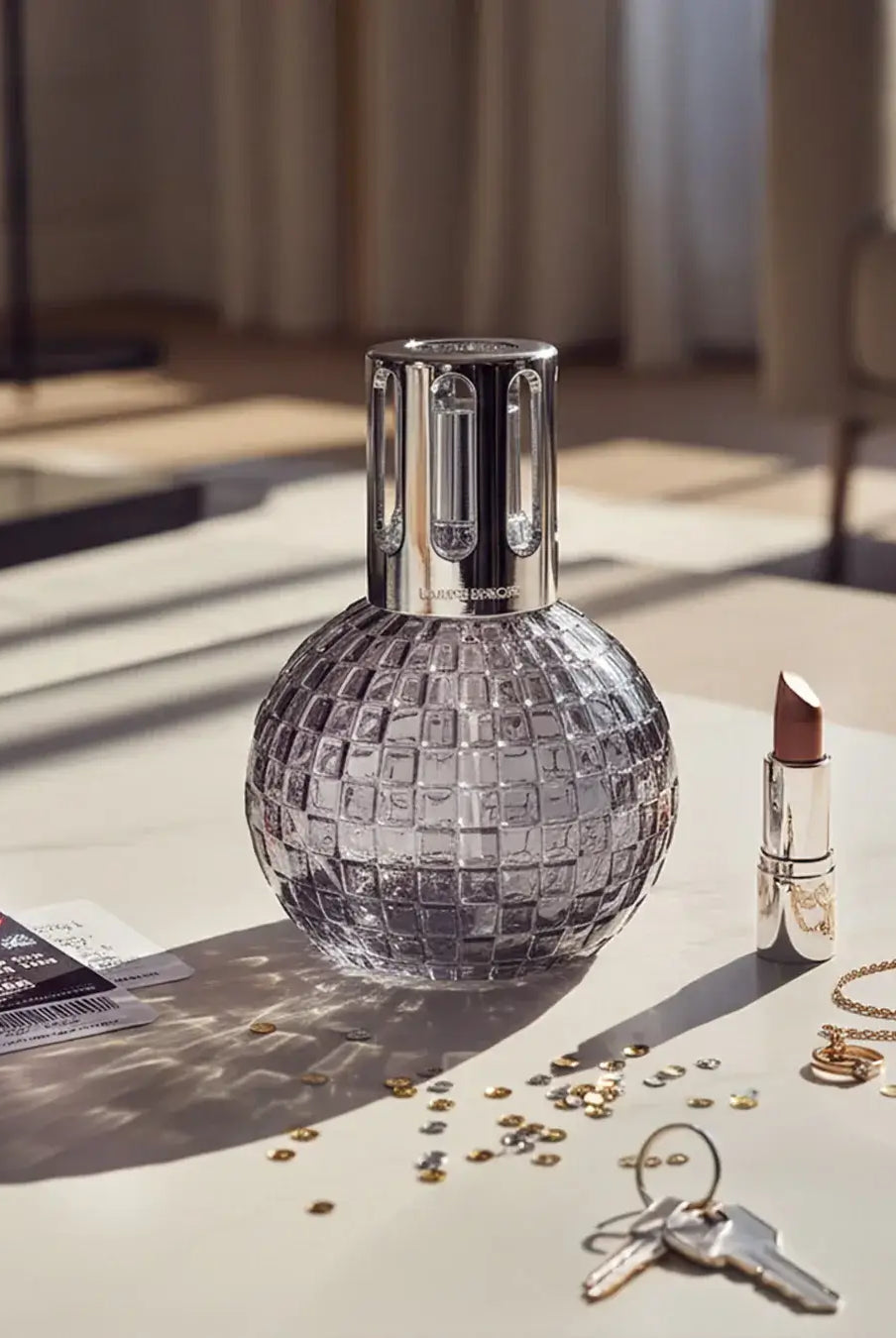 Maison Berger Paris Disco Fragrance Lamp Gift Set in grey with fragrance bottle, ideal for home décor and luxe scent.