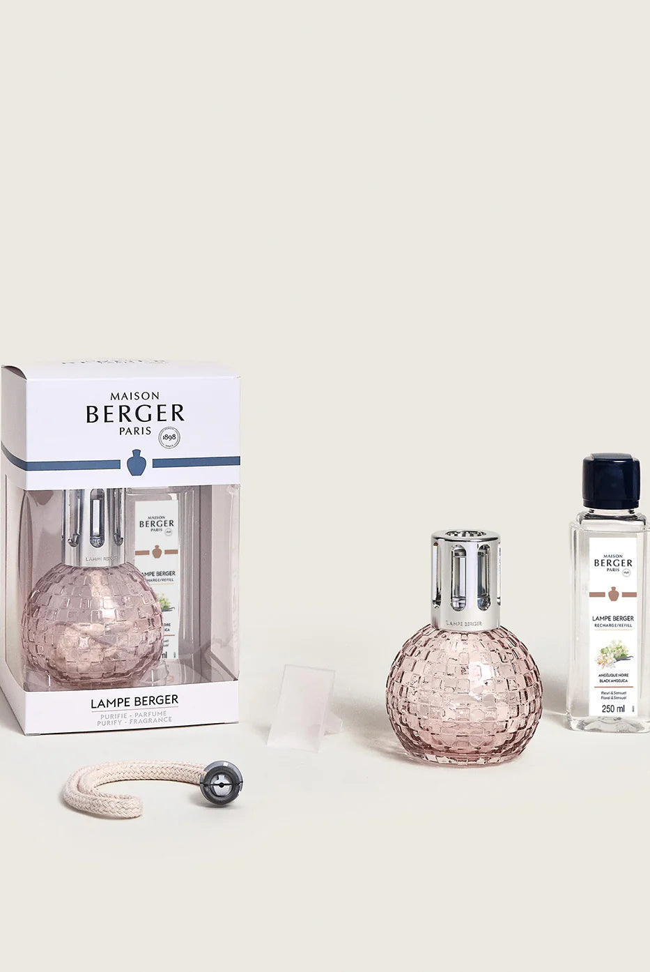 Maison Berger Paris Disco Fragrance Lamp Gift Set featuring a pink lamp and fragrance bottle.