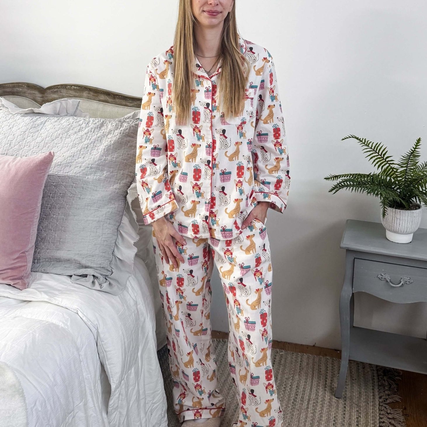 Women's dog print Christmas flannel pajamas button up with straight pant by Mahogany