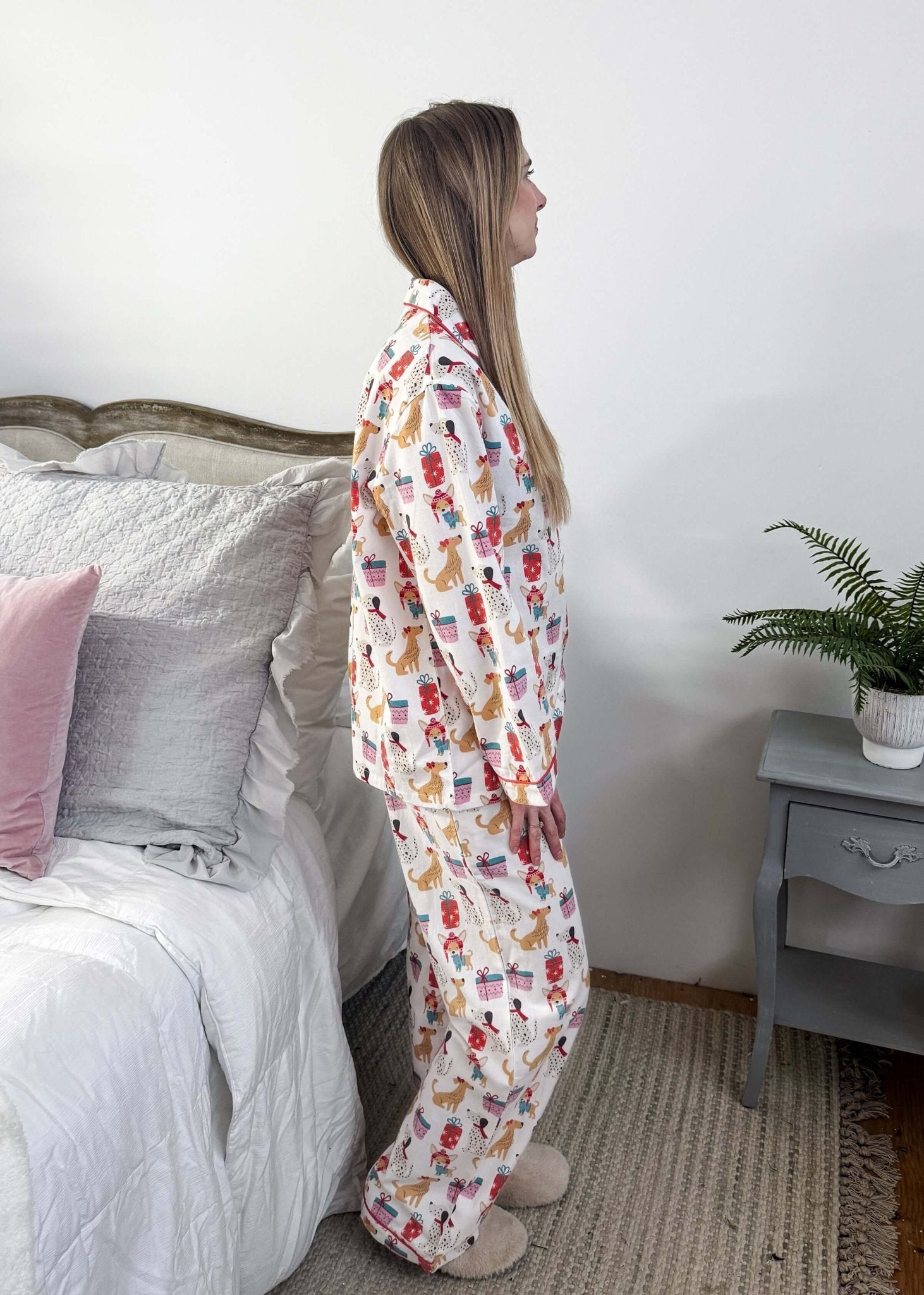 Women's dog print Christmas flannel pajamas button up with straight pant by Mahogany