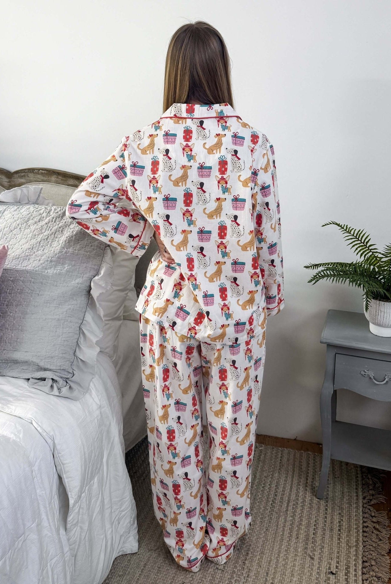 Women's dog print Christmas flannel pajamas button up with straight pant by Mahogany