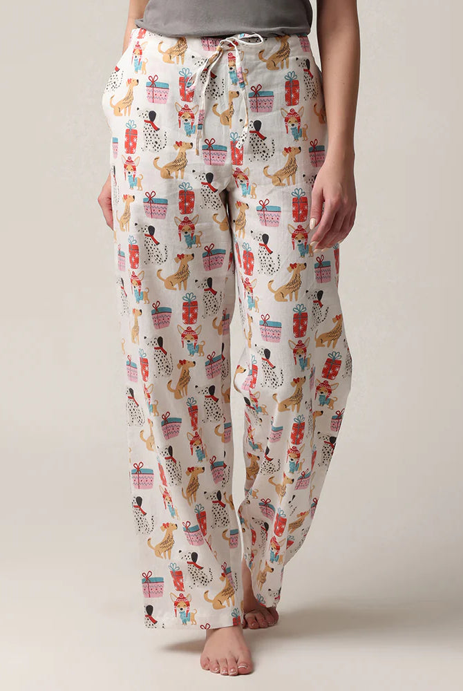 women's flannel pant in a bag gift set with doggie presents print for christmas