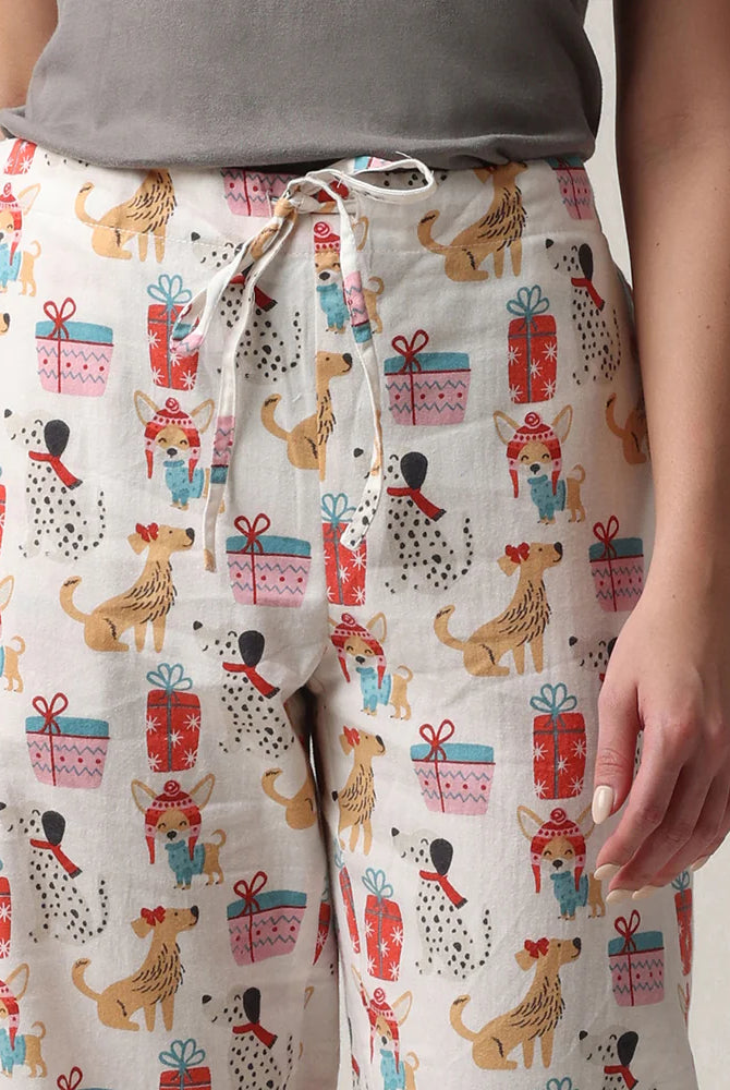 women's relaxed fit flannel pant in a bag doggie presents print for Christmas