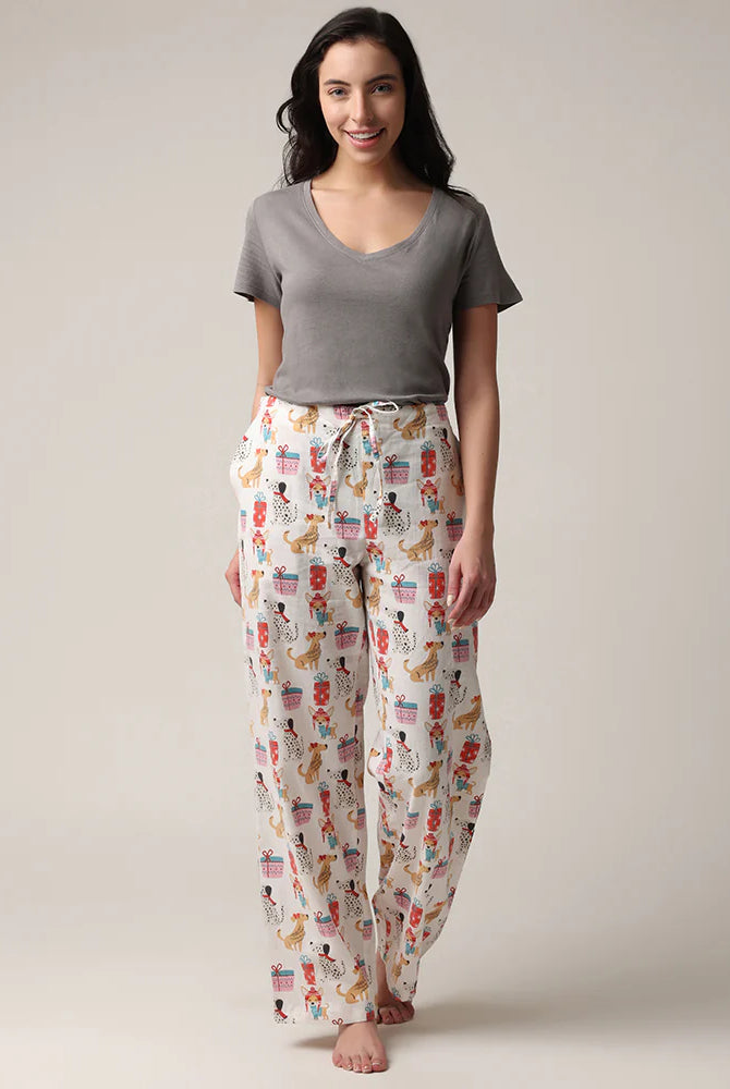 women's relaxed fit flannel pant in a bag doggie presents print for Christmas