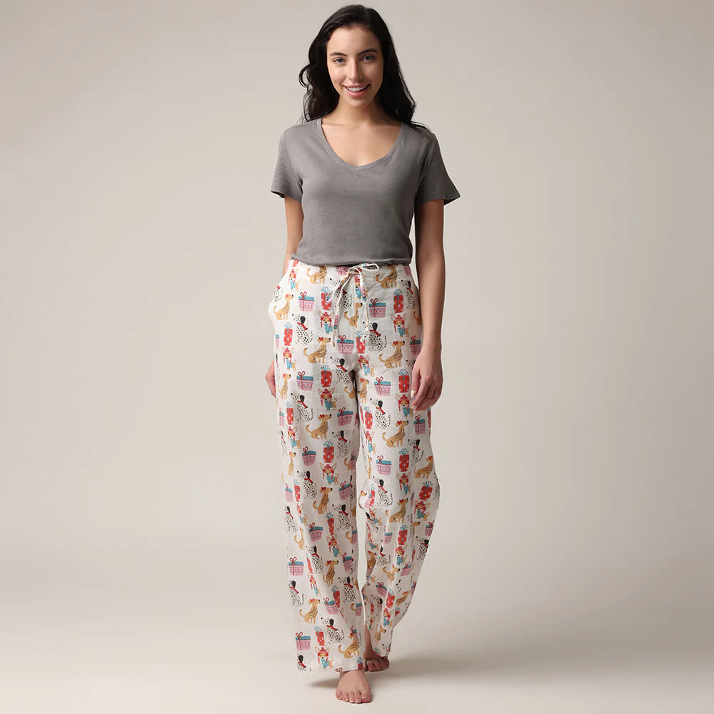 women's relaxed fit flannel pant in a bag doggie presents print for Christmas