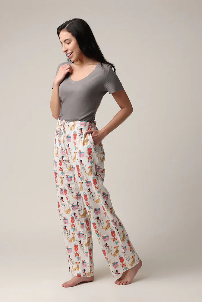 women's relaxed fit flannel pant in a bag doggie presents print for Christmas