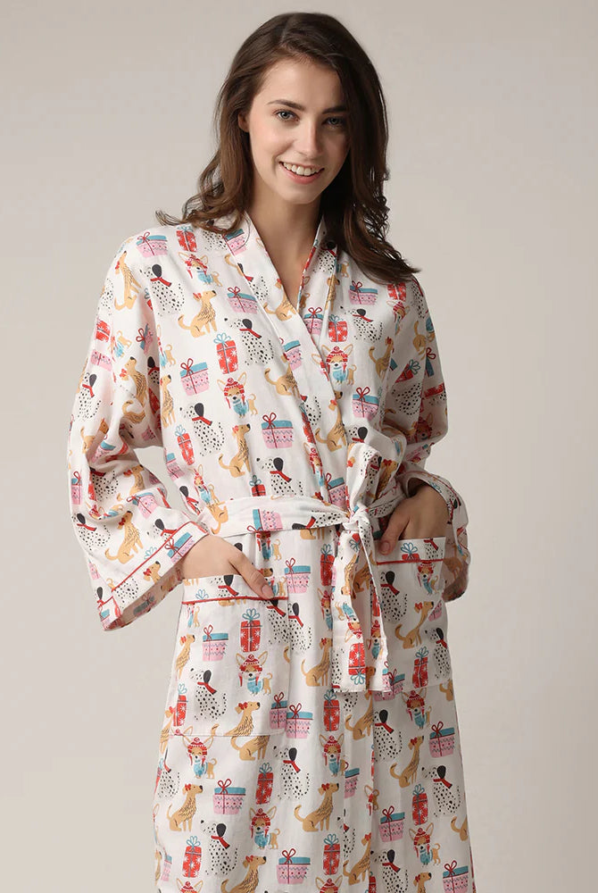 women's long flannel robe with dog print for christmas by Mahogany