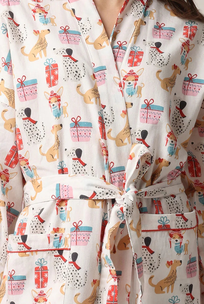 women's long flannel robe with dog print for christmas by Mahogany