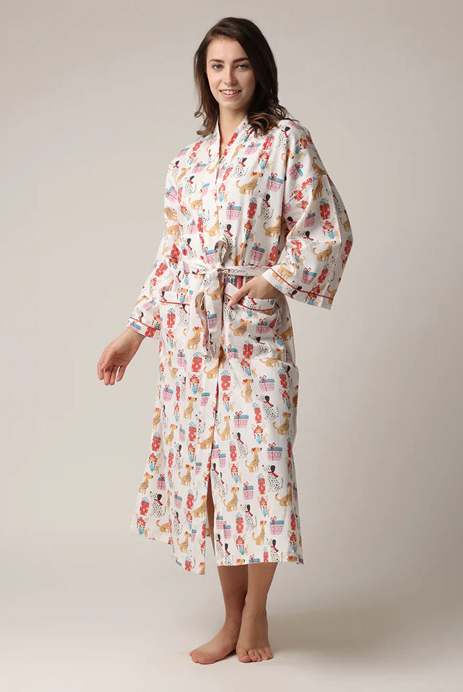 women's long flannel robe with dog print for christmas by Mahogany