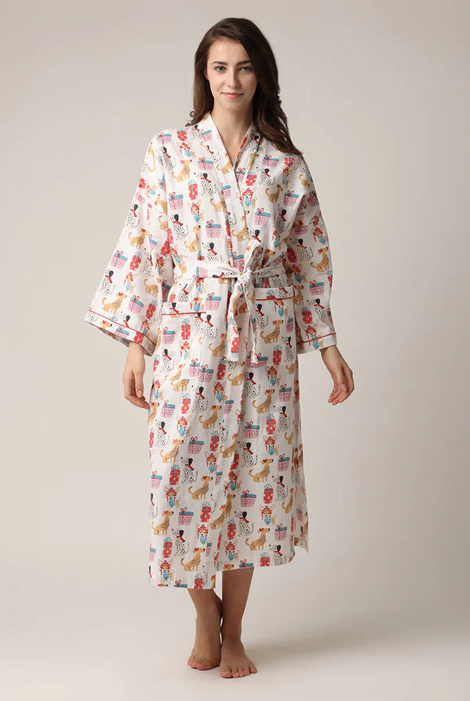women's long flannel robe with dog print for christmas by Mahogany