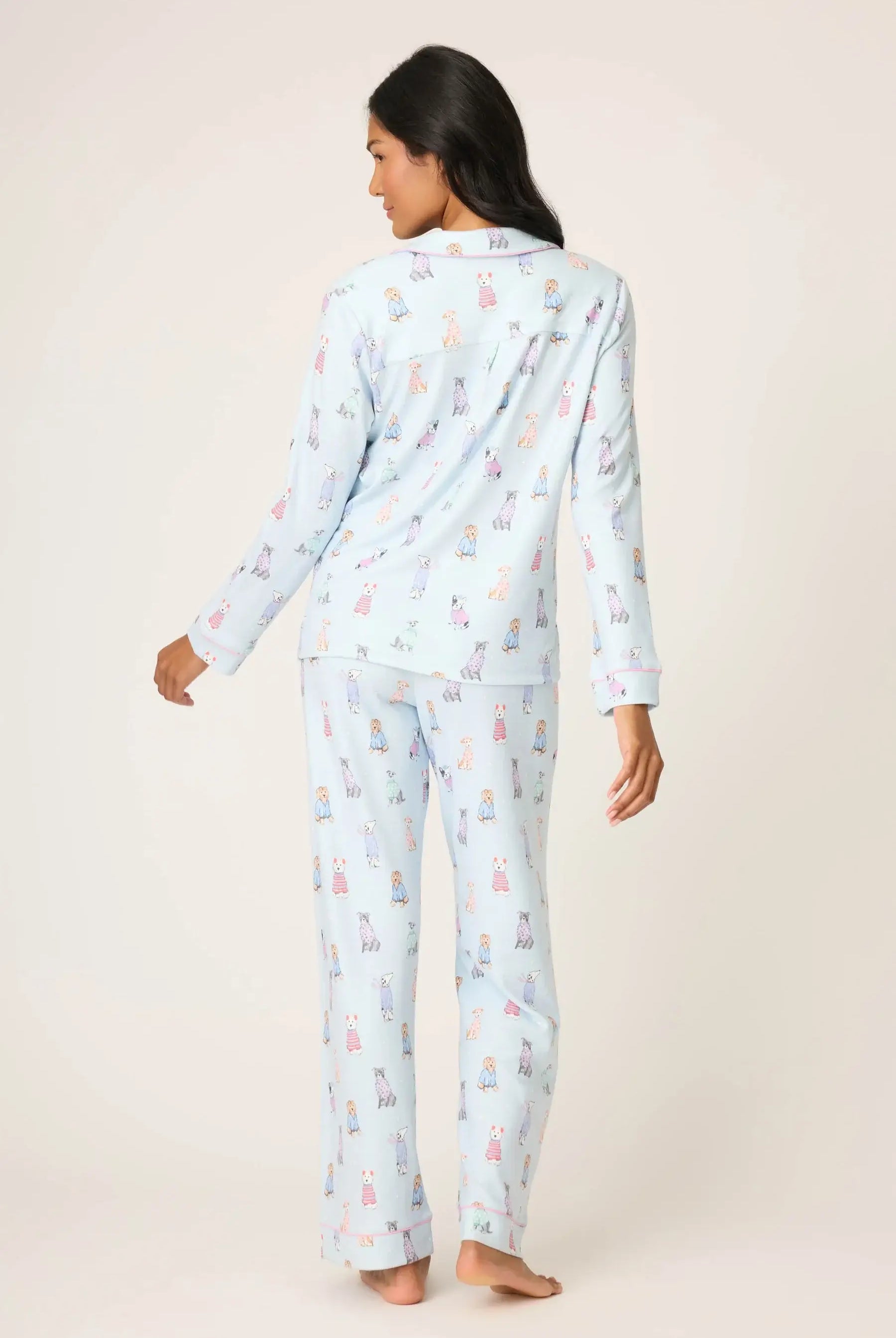 Doggone Cold Pointelle PJ Set in light blue with dog print, featuring a button-up top and straight pants, perfect for cozy nights.