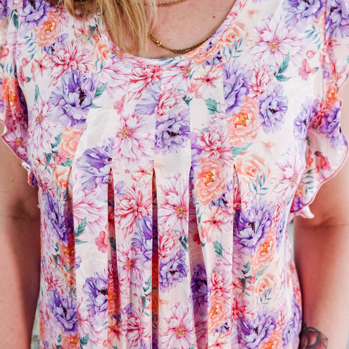 Dream In Blooms Flutter Bamboo Nightgown with colorful floral pattern, showcasing romantic and comfortable sleepwear.