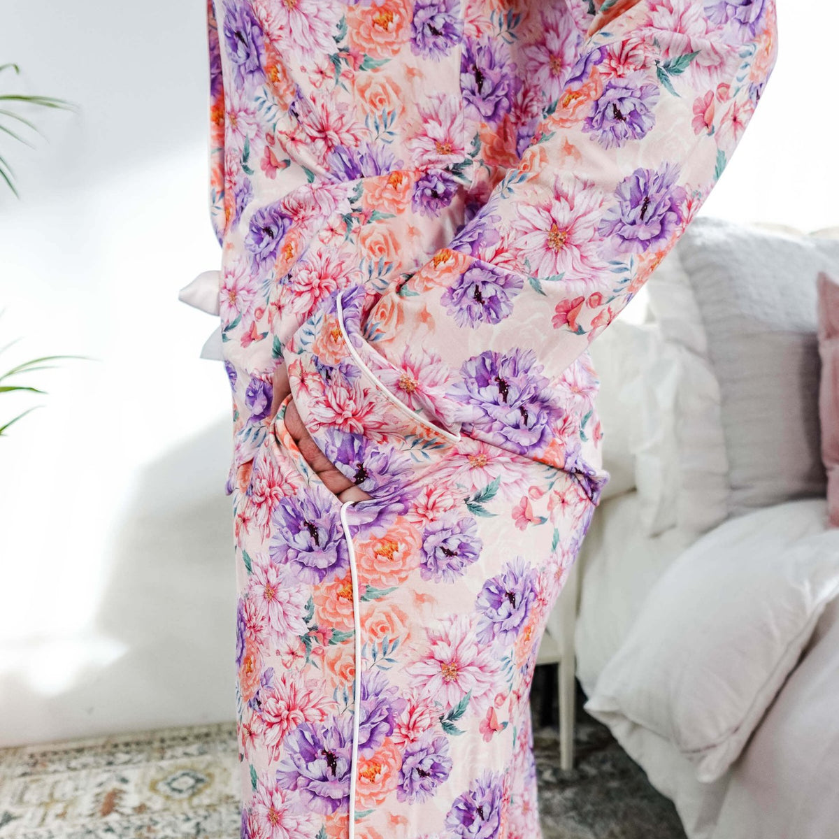 Dream in Blooms Long Sleeve Button Up & Pant Bamboo Lounge Set featuring floral design and cozy fit.