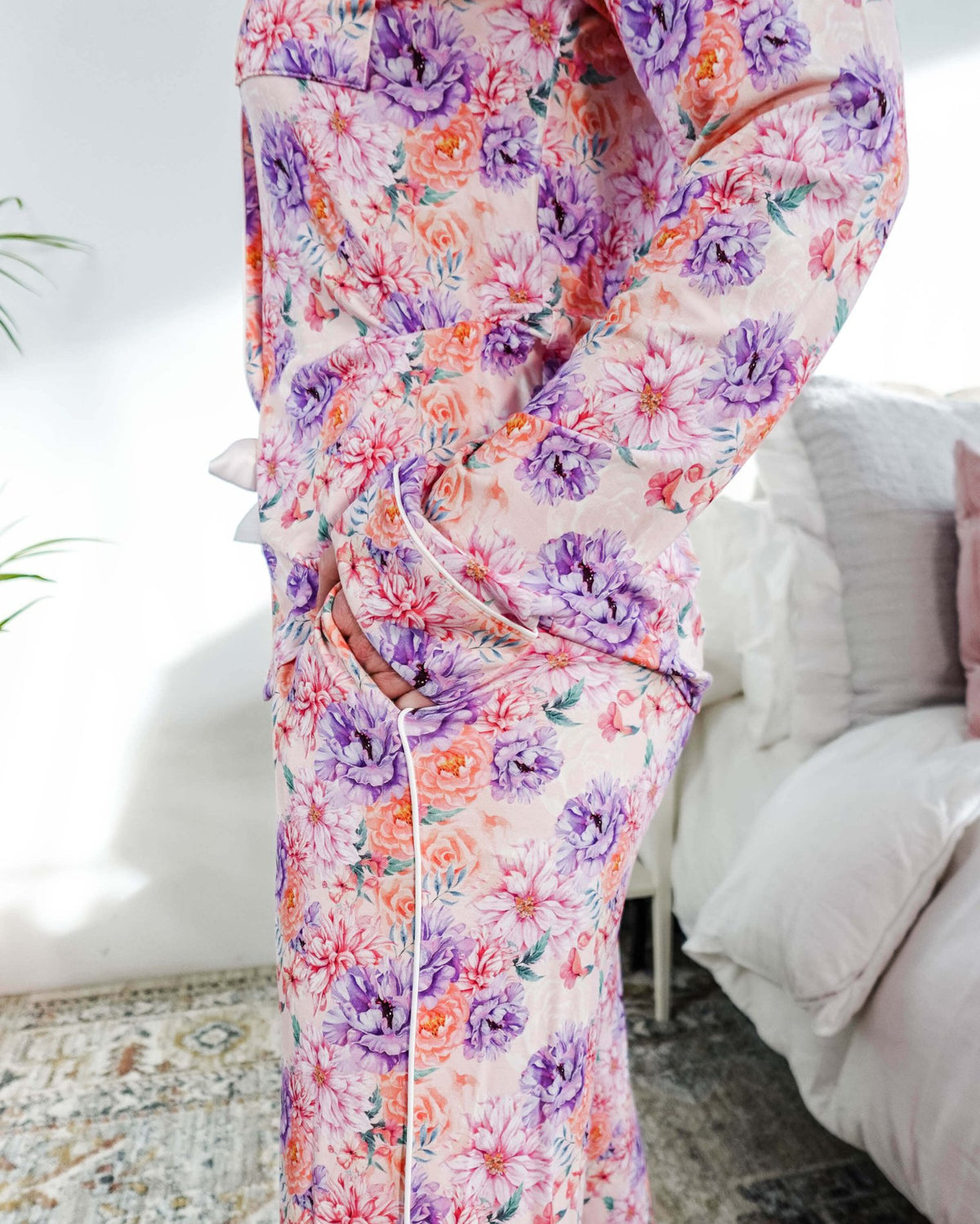 Dream in Blooms Long Sleeve Button Up & Pant Bamboo Lounge Set featuring floral design and cozy fit.
