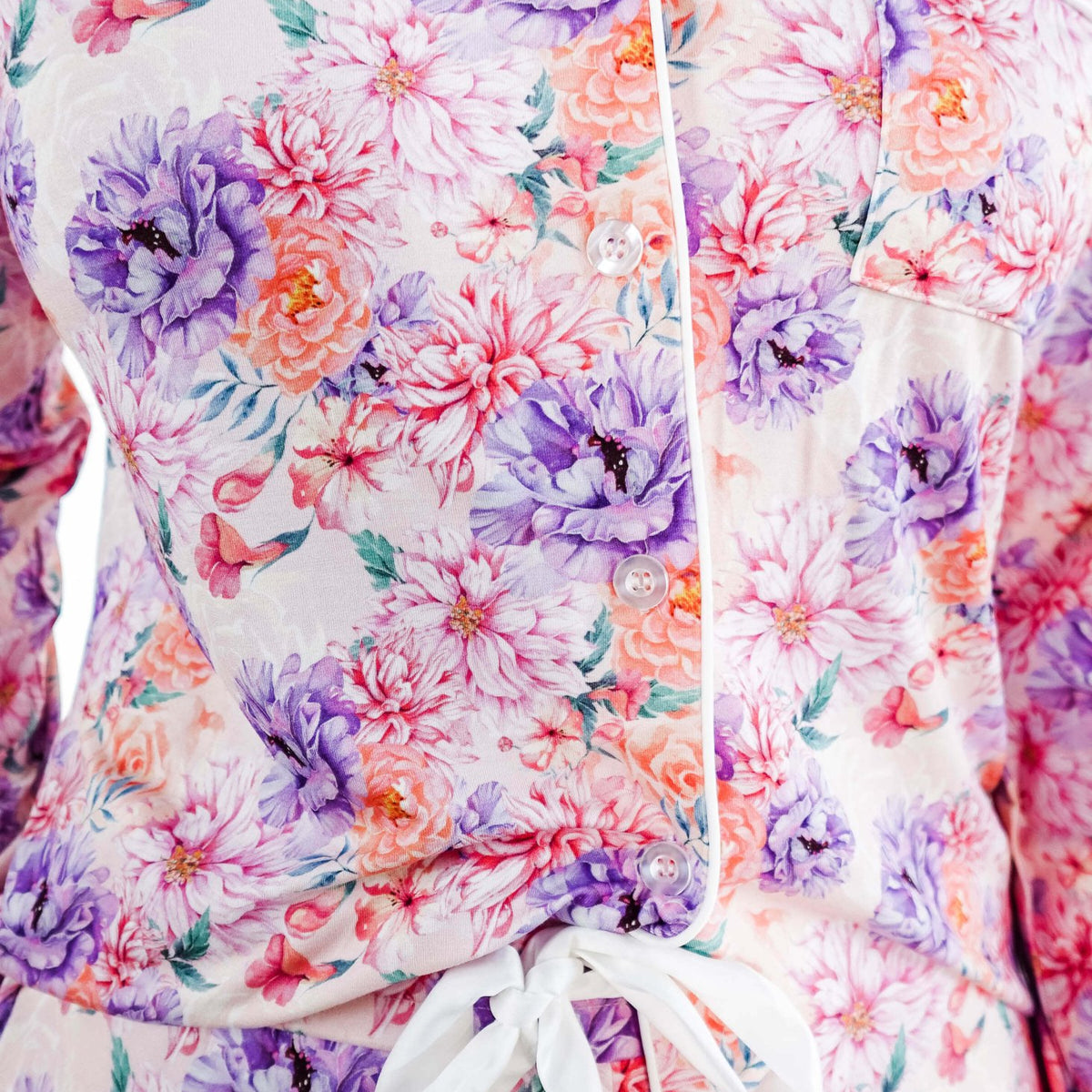Dream in Blooms Long Sleeve Button Up & Pant Bamboo Lounge Set with vibrant floral pattern and stylish piped detailing.