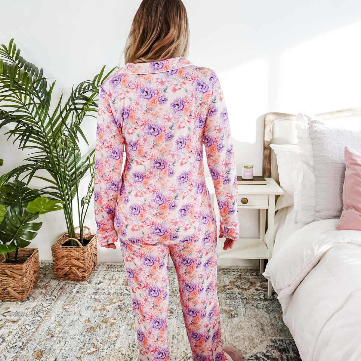 Dream in Blooms Long Sleeve Button Up & Pant Bamboo Lounge Set in colorful floral design, shown from the back.