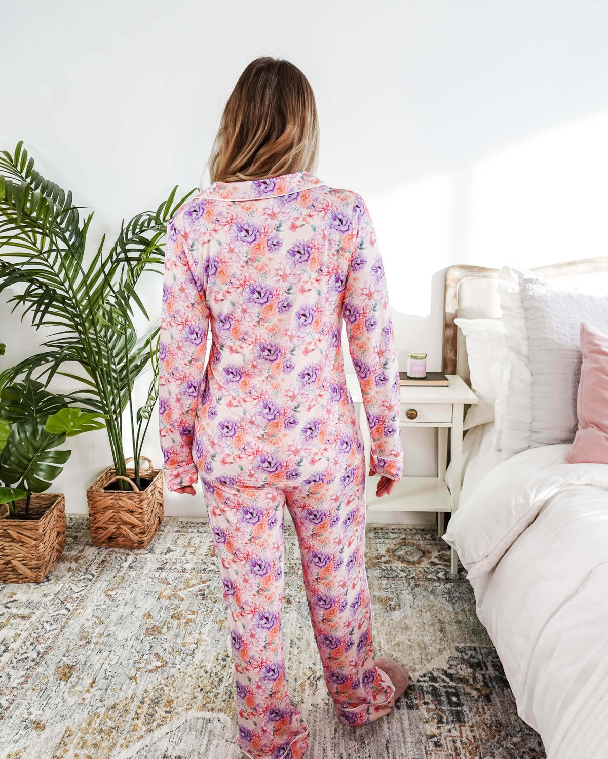 Dream in Blooms Long Sleeve Button Up & Pant Bamboo Lounge Set in colorful floral design, shown from the back.