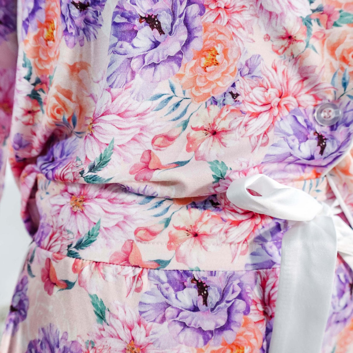 Dream in Blooms Long Sleeve Button Up & Pant Bamboo Lounge Set showcasing floral design and soft fabric details.