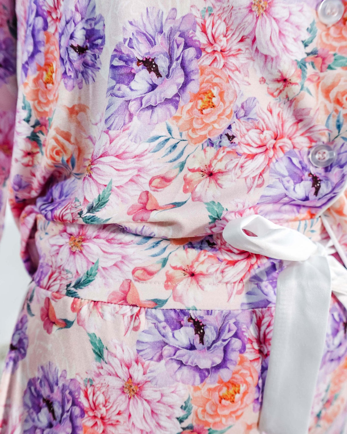 Dream in Blooms Long Sleeve Button Up & Pant Bamboo Lounge Set showcasing floral design and soft fabric details.