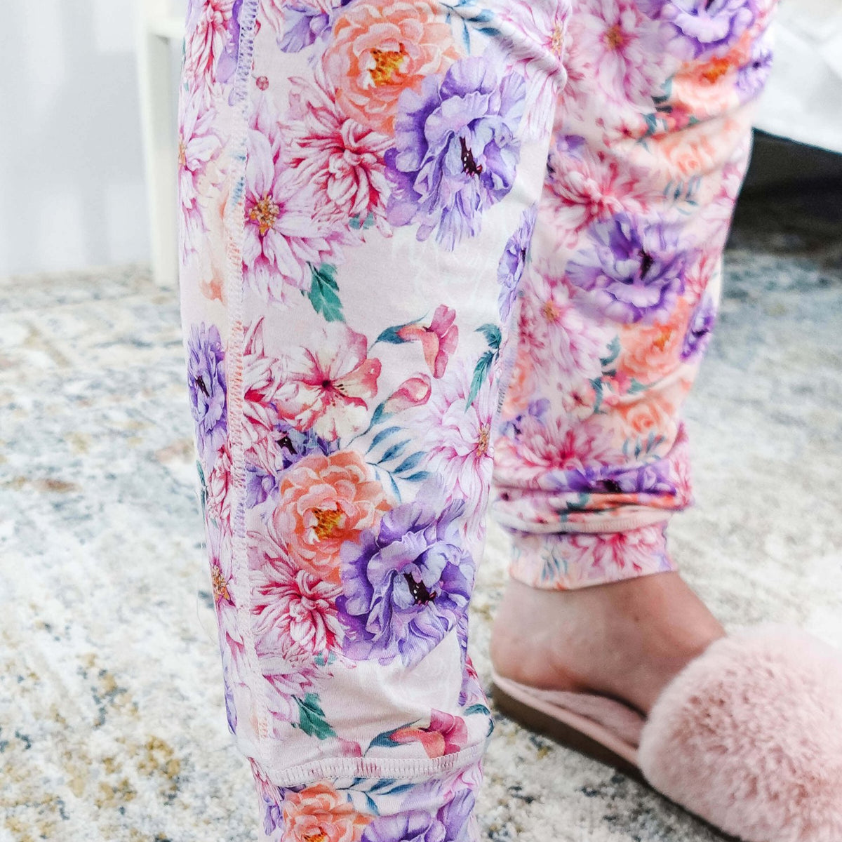 Dream In Blooms Long Sleeve Top & Jogger Bamboo Lounge Set with floral print joggers and cozy slippers.