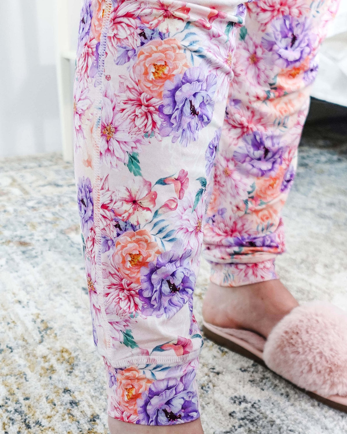 Dream In Blooms Long Sleeve Top & Jogger Bamboo Lounge Set with floral print joggers and cozy slippers.
