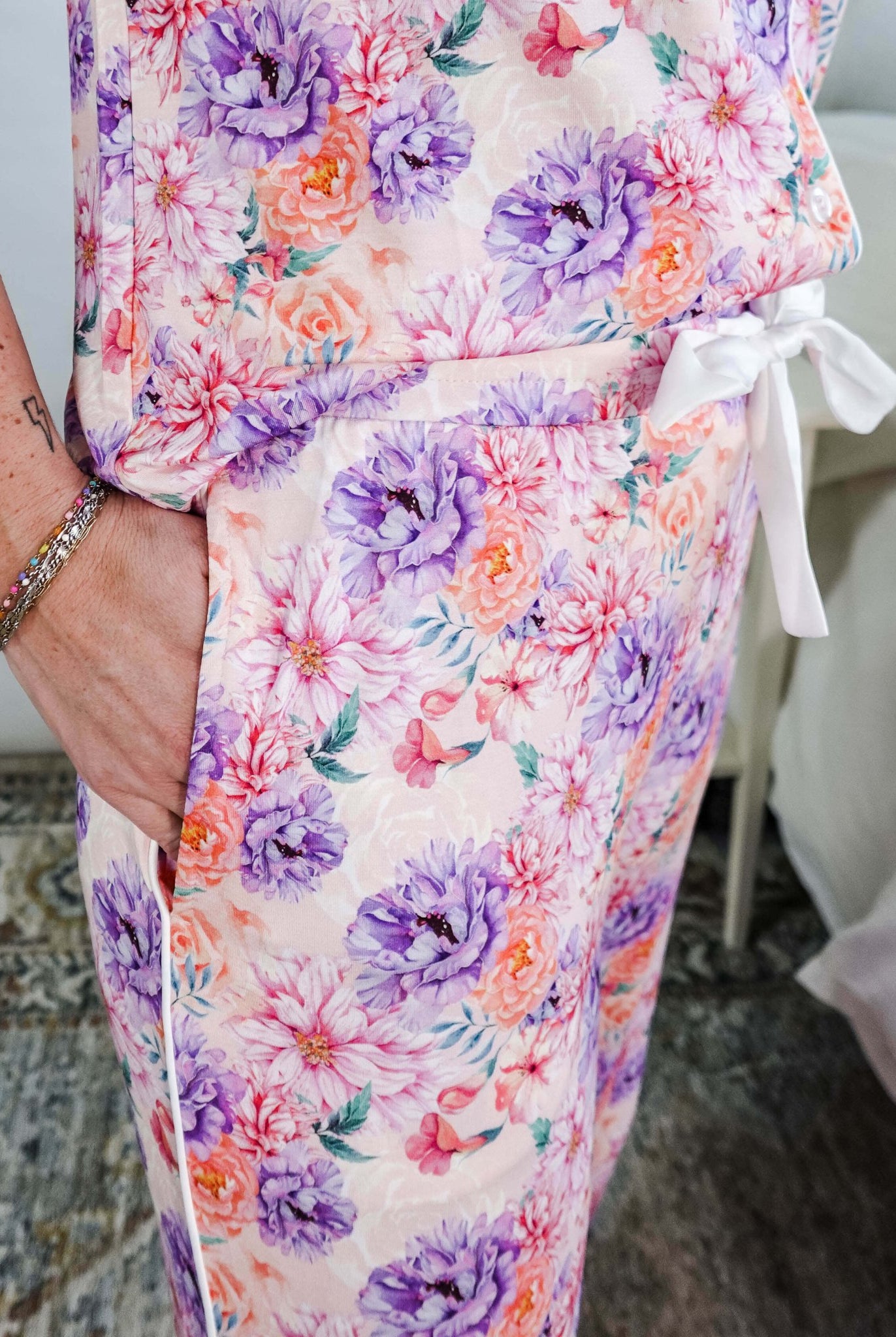 Dream In Blooms Short Sleeve Button Up & Pant Bamboo Lounge Set - Georgia Rylan - Cloud Nine Pajamas