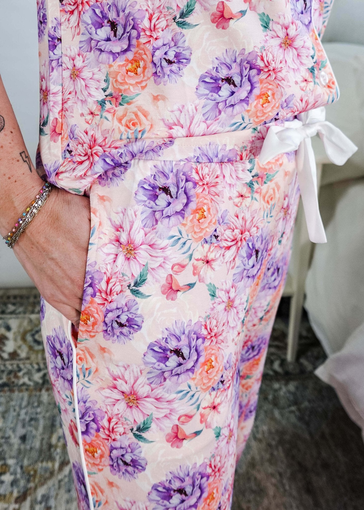 Dream In Blooms Short Sleeve Button Up & Pant Bamboo Lounge Set - Georgia Rylan - Cloud Nine Pajamas