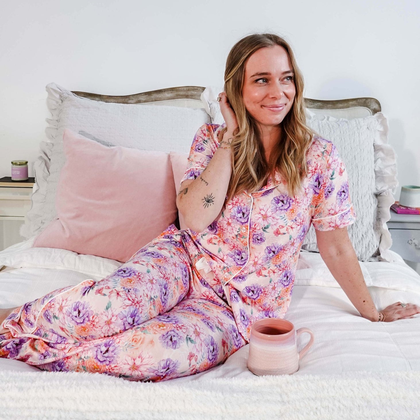 Dream In Blooms Short Sleeve Button Up & Pant Bamboo Lounge Set - Georgia Rylan - Cloud Nine Pajamas
