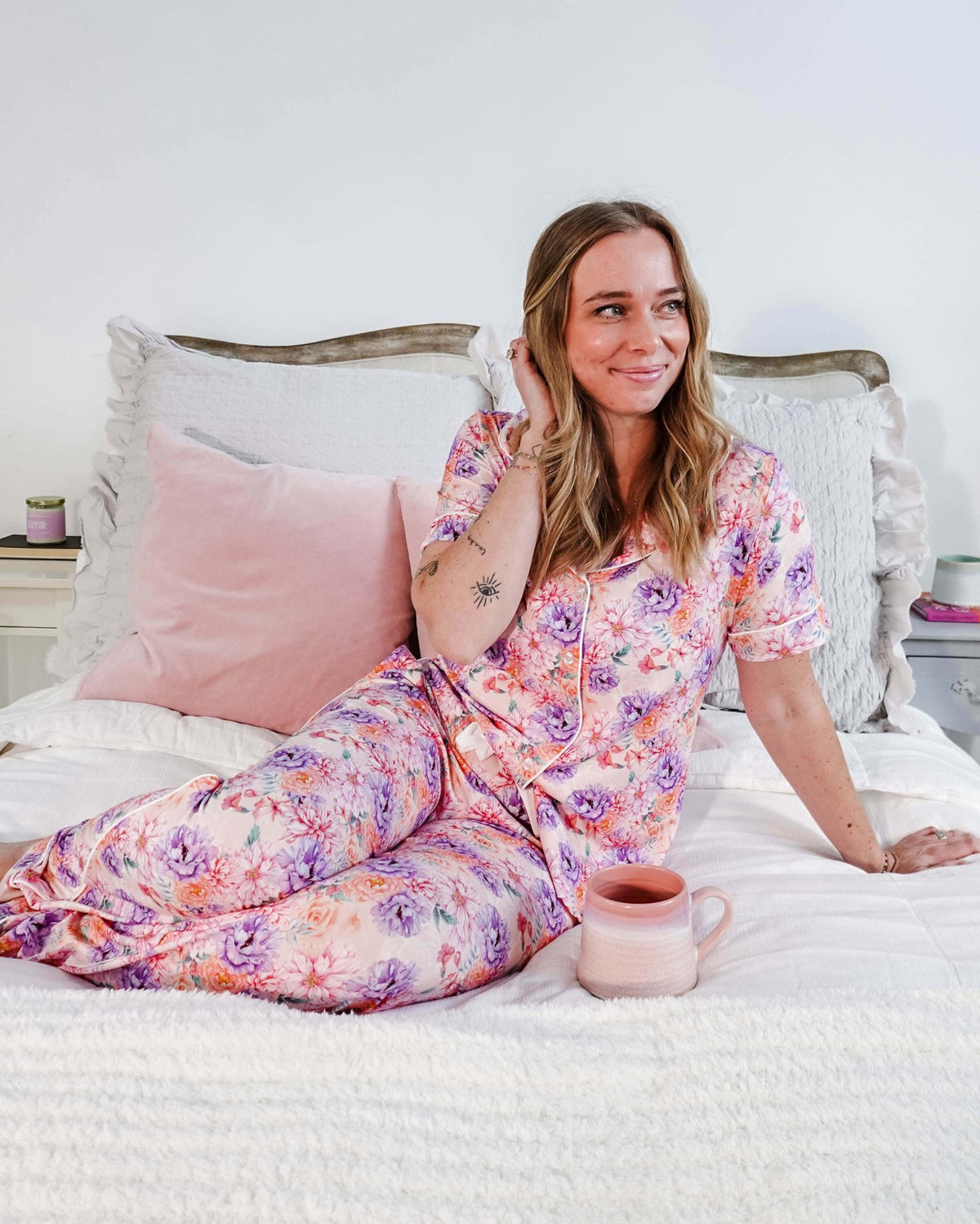 Dream In Blooms Short Sleeve Button Up & Pant Bamboo Lounge Set - Georgia Rylan - Cloud Nine Pajamas