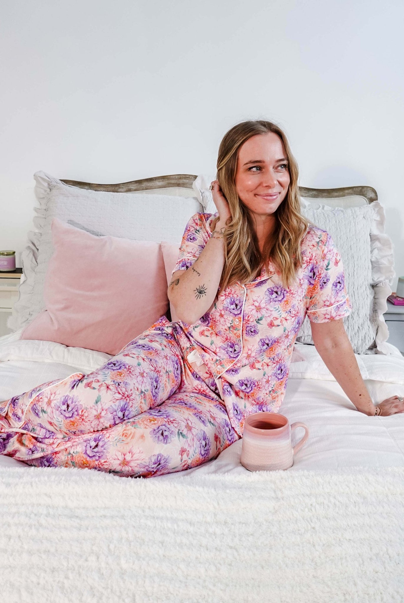 Dream In Blooms Short Sleeve Button Up & Pant Bamboo Lounge Set - Georgia Rylan - Cloud Nine Pajamas