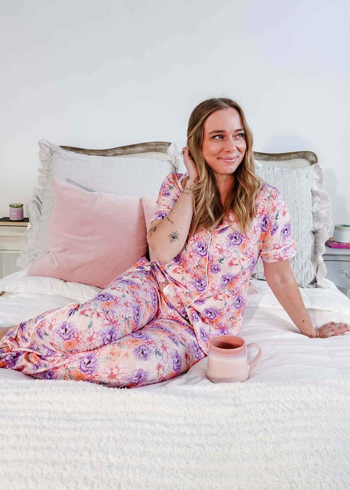 Dream In Blooms Short Sleeve Button Up & Pant Bamboo Lounge Set - Georgia Rylan - Cloud Nine Pajamas
