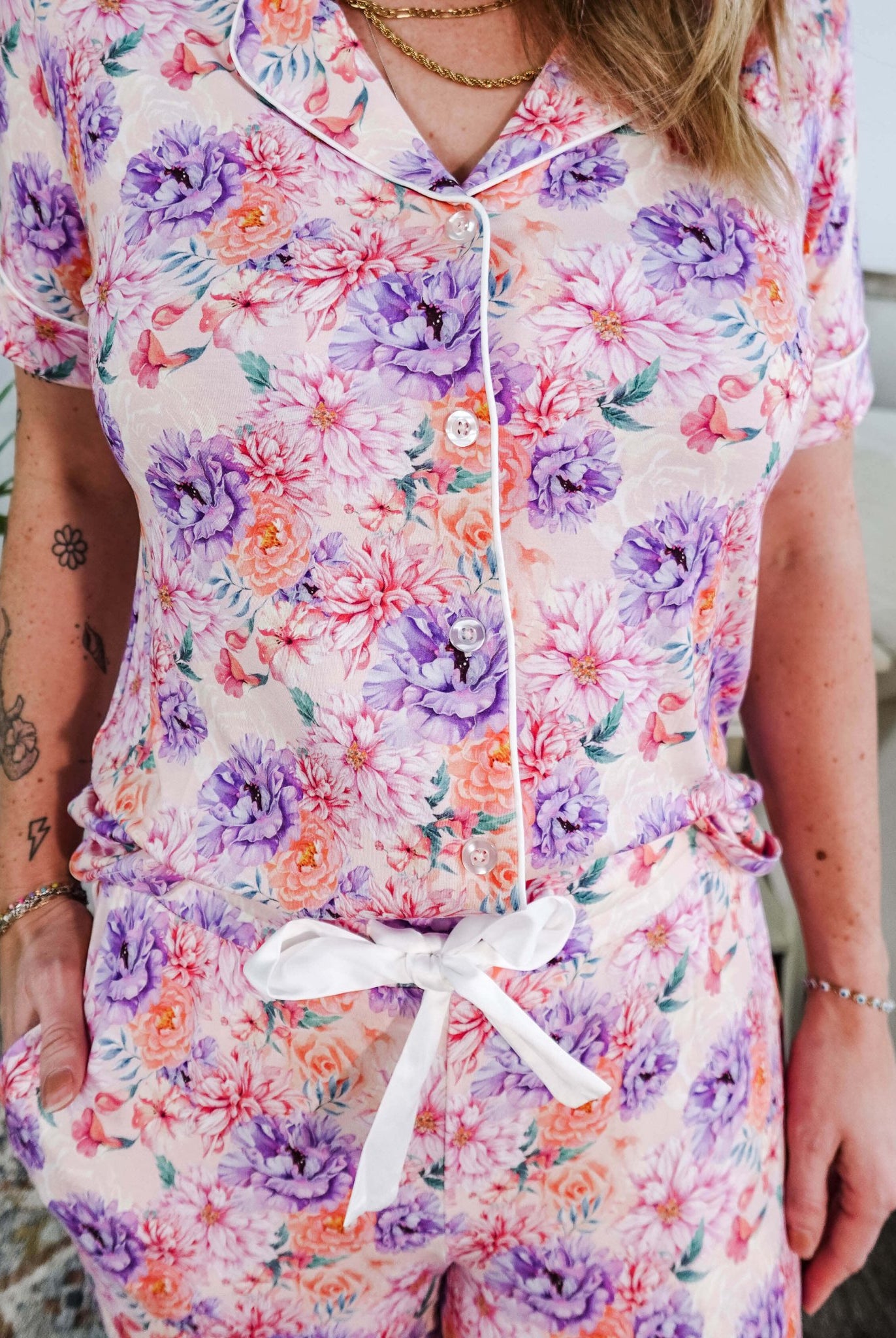 Dream In Blooms Short Sleeve Button Up & Pant Bamboo Lounge Set - Georgia Rylan - Cloud Nine Pajamas