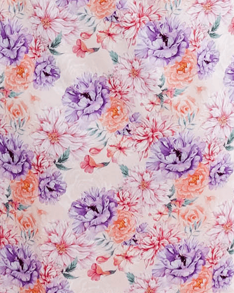 Dream in Blooms floral pattern featuring vibrant purple and pink flowers with butterflies.