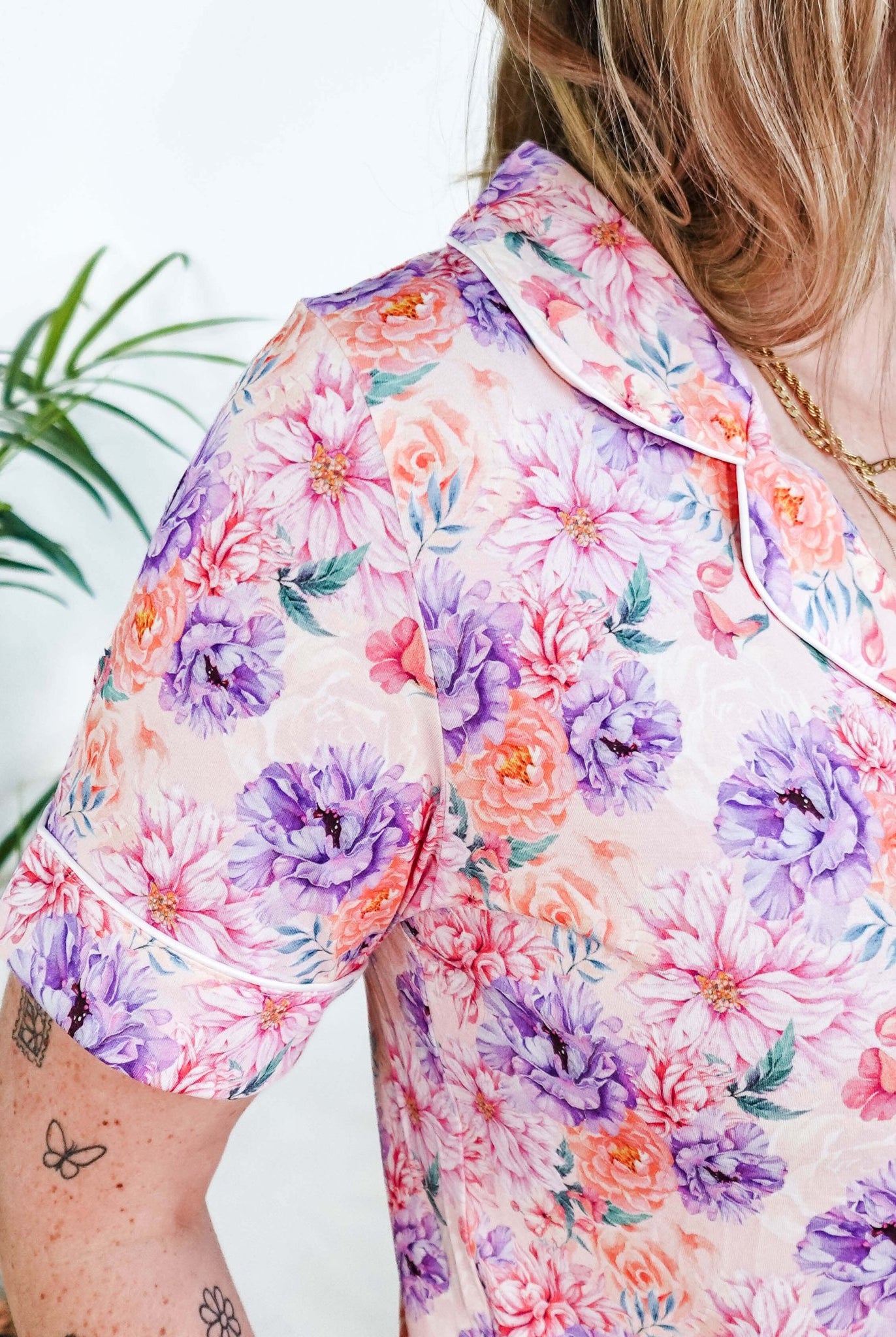 Dream In Blooms Short Sleeve Button Up & Pant Bamboo Lounge Set - Georgia Rylan - Cloud Nine Pajamas