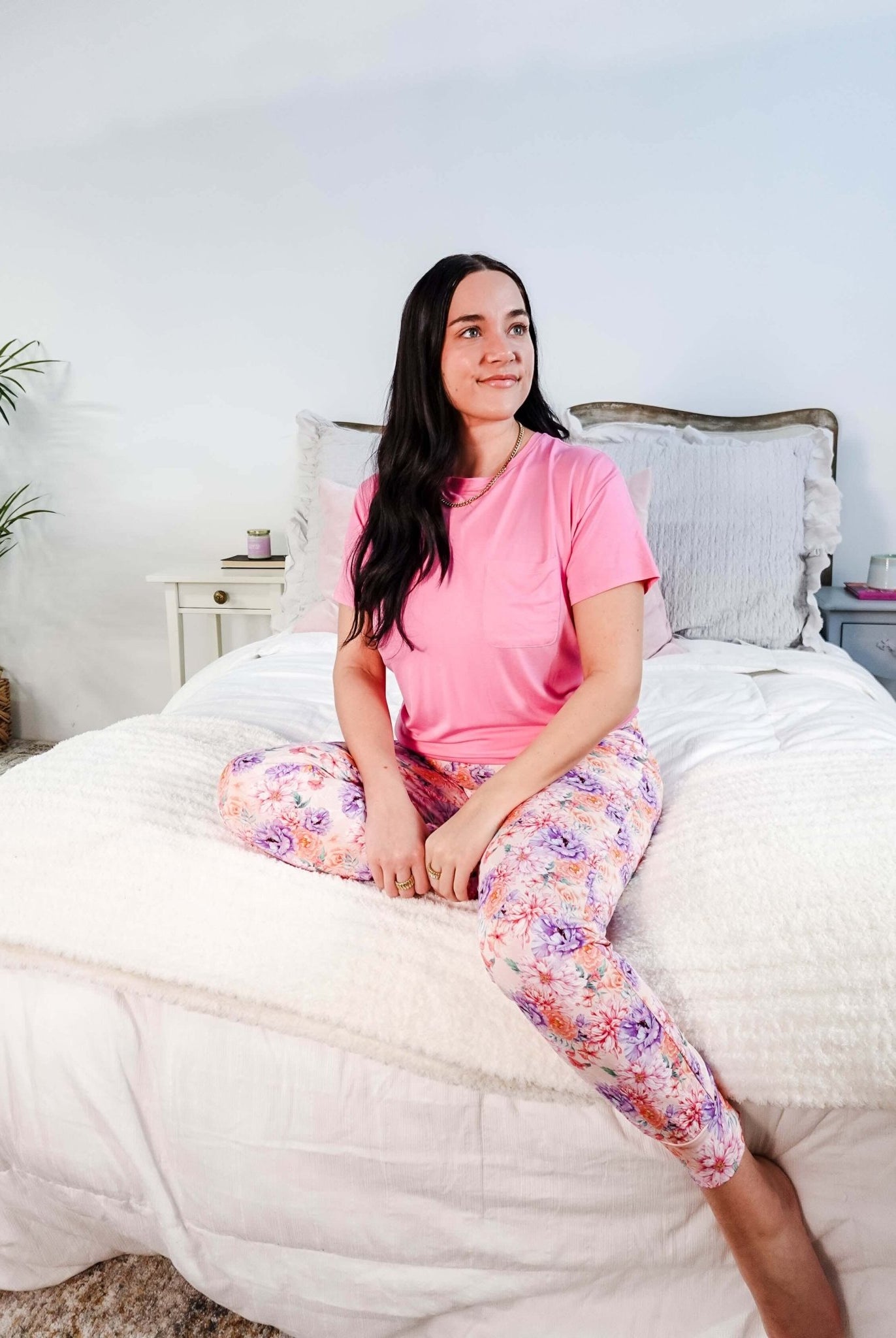 Bubblegum Pink/Dream In Blooms Tee & Jogger Bamboo Lounge Set
