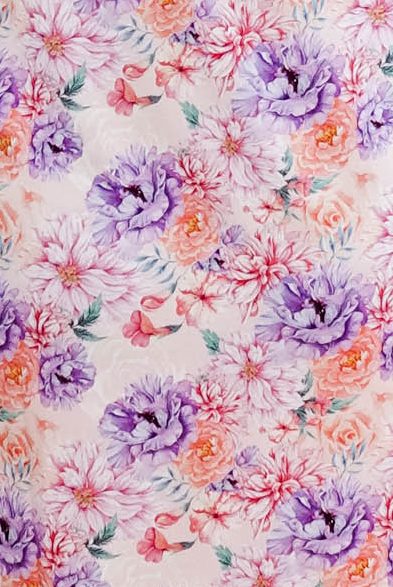 Dream in Blooms floral pattern featuring vibrant purple and pink flowers with butterflies.