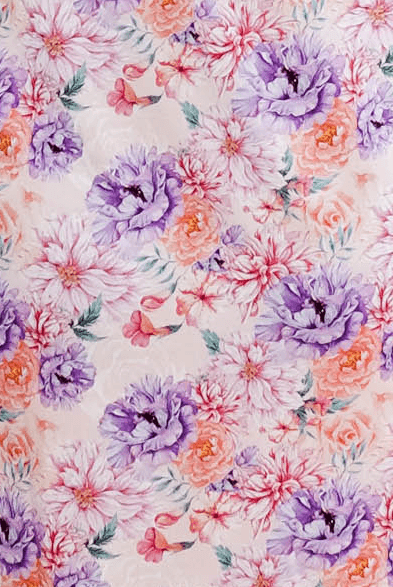 Dream in Blooms floral pattern featuring vibrant purple and pink flowers with butterflies.