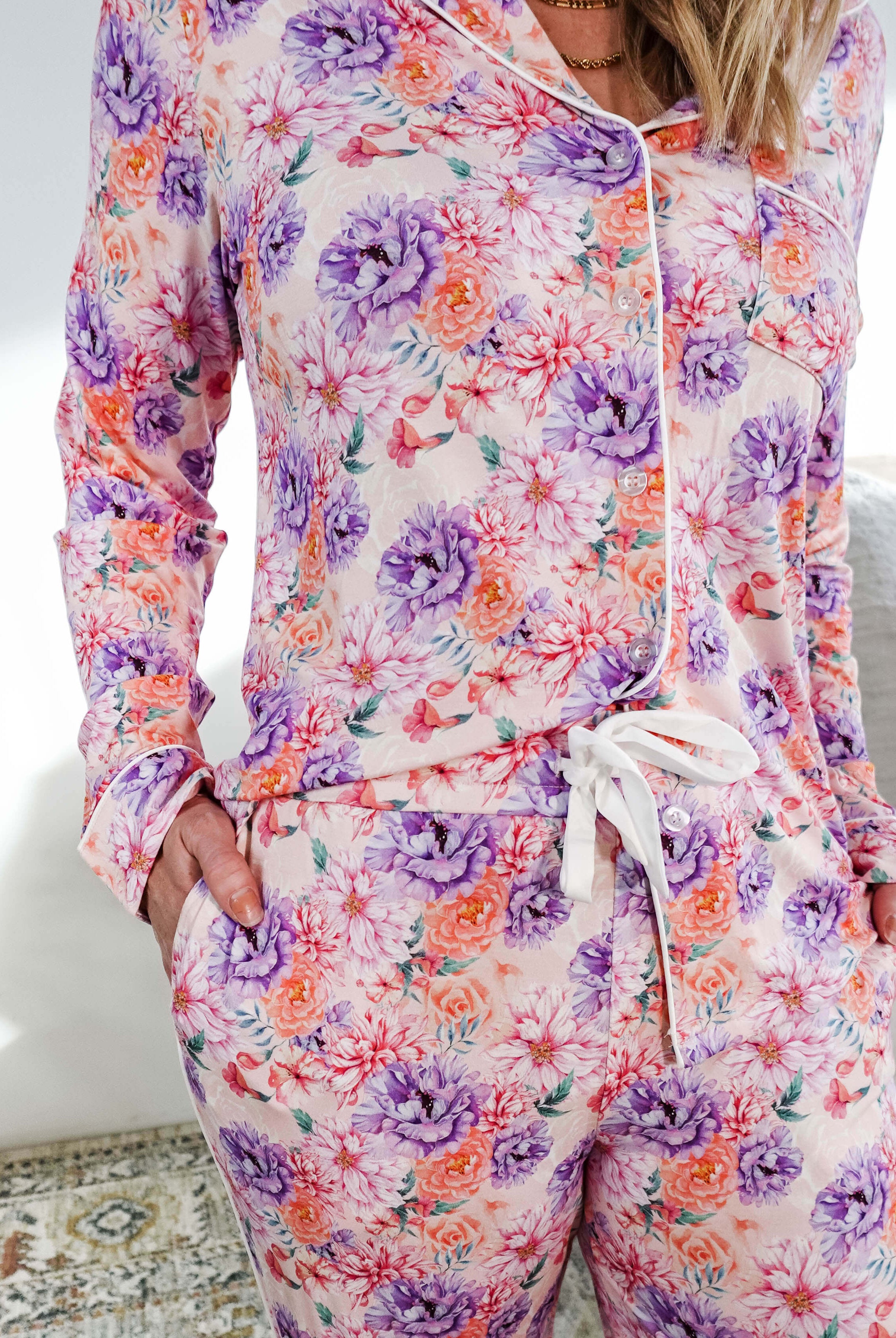 Dream in Blooms Long Sleeve Button Up & Pant Bamboo Lounge Set featuring floral print and piped detailing.