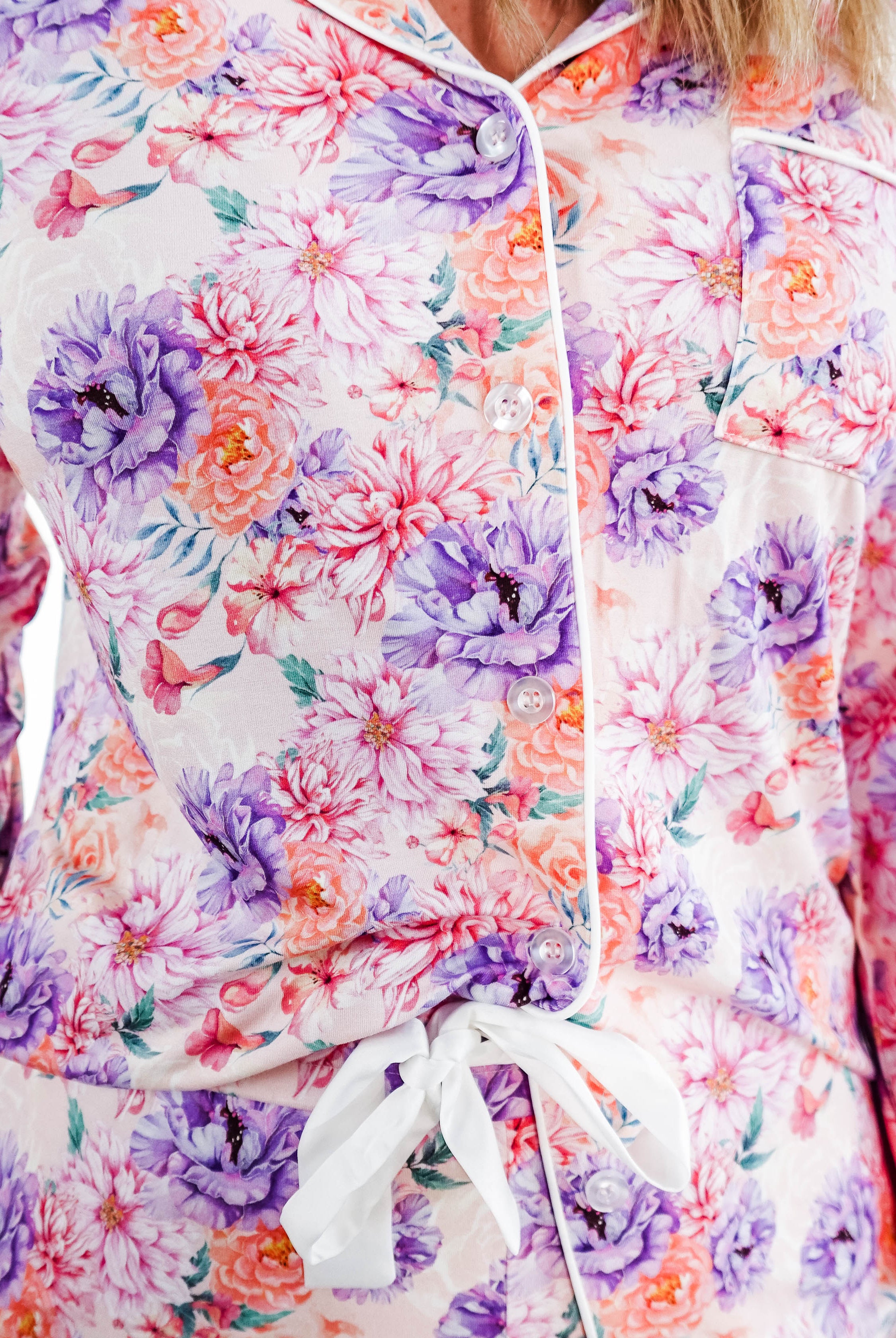 Dream in Blooms Long Sleeve Button Up & Pant Bamboo Lounge Set with vibrant floral pattern and stylish piped detailing.