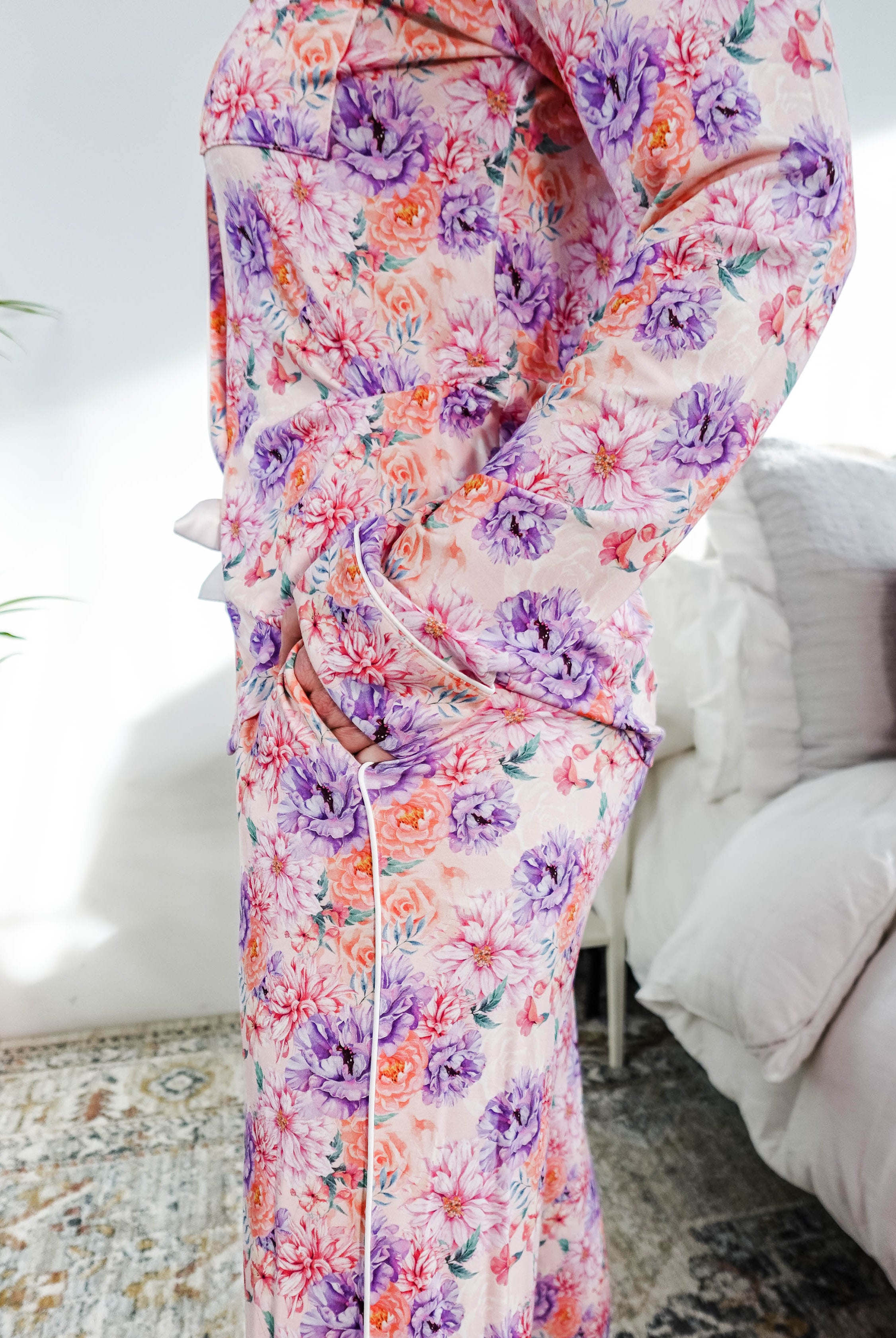 Dream in Blooms Long Sleeve Button Up & Pant Bamboo Lounge Set featuring floral design and cozy fit.