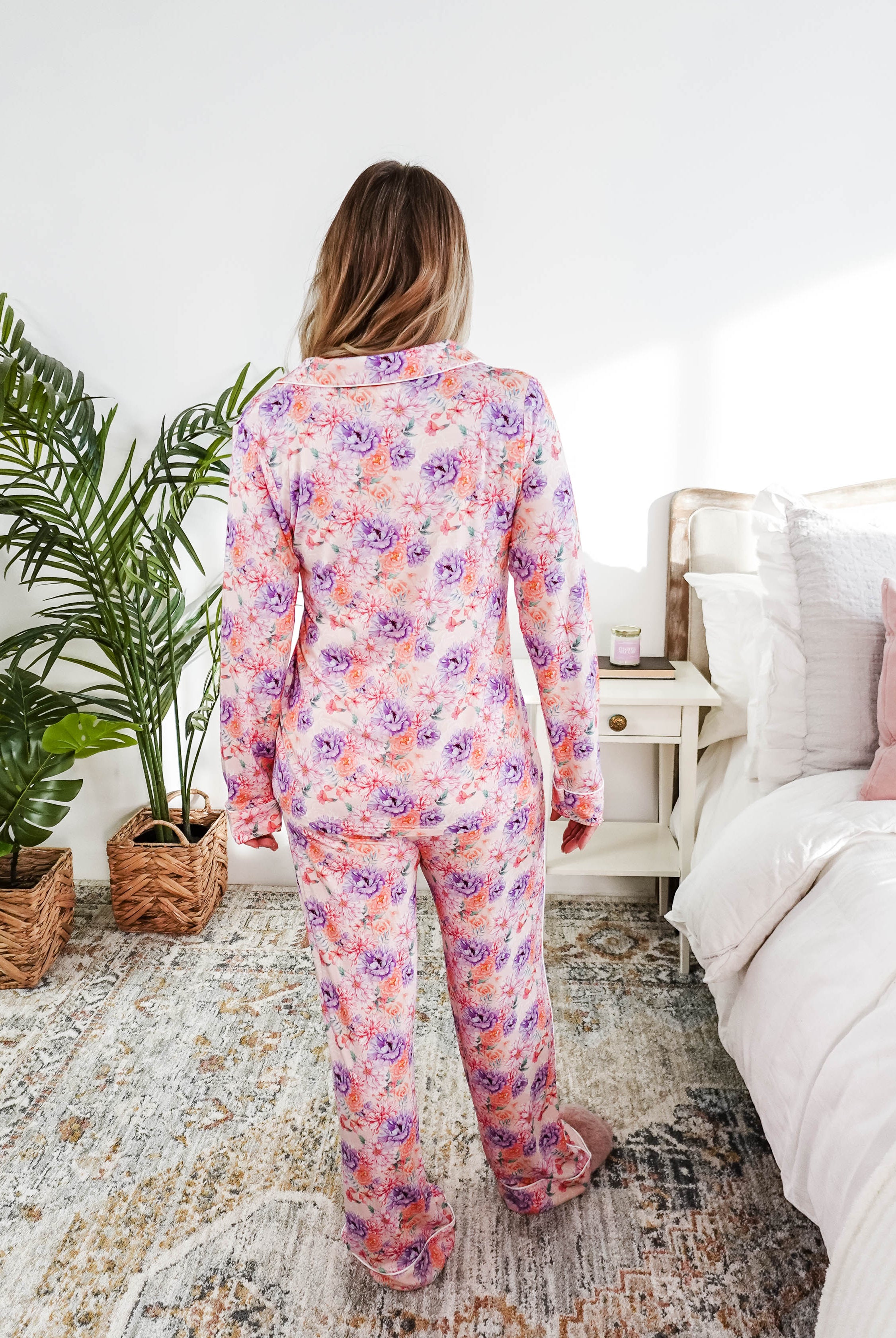 Dream in Blooms Long Sleeve Button Up & Pant Bamboo Lounge Set in colorful floral design, shown from the back.