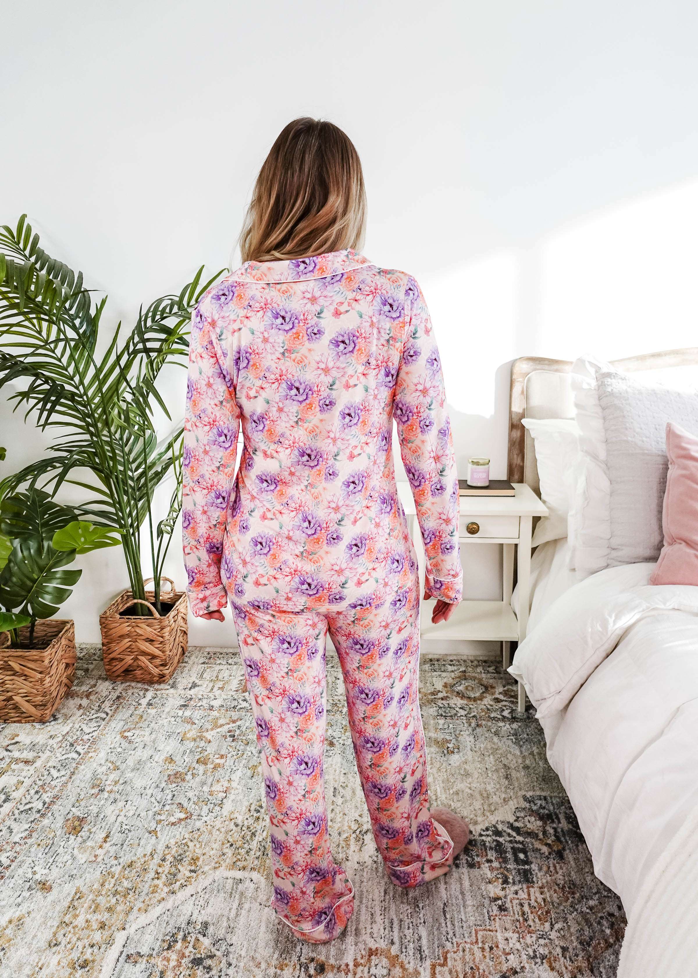 Dream in Blooms Long Sleeve Button Up & Pant Bamboo Lounge Set in colorful floral design, shown from the back.