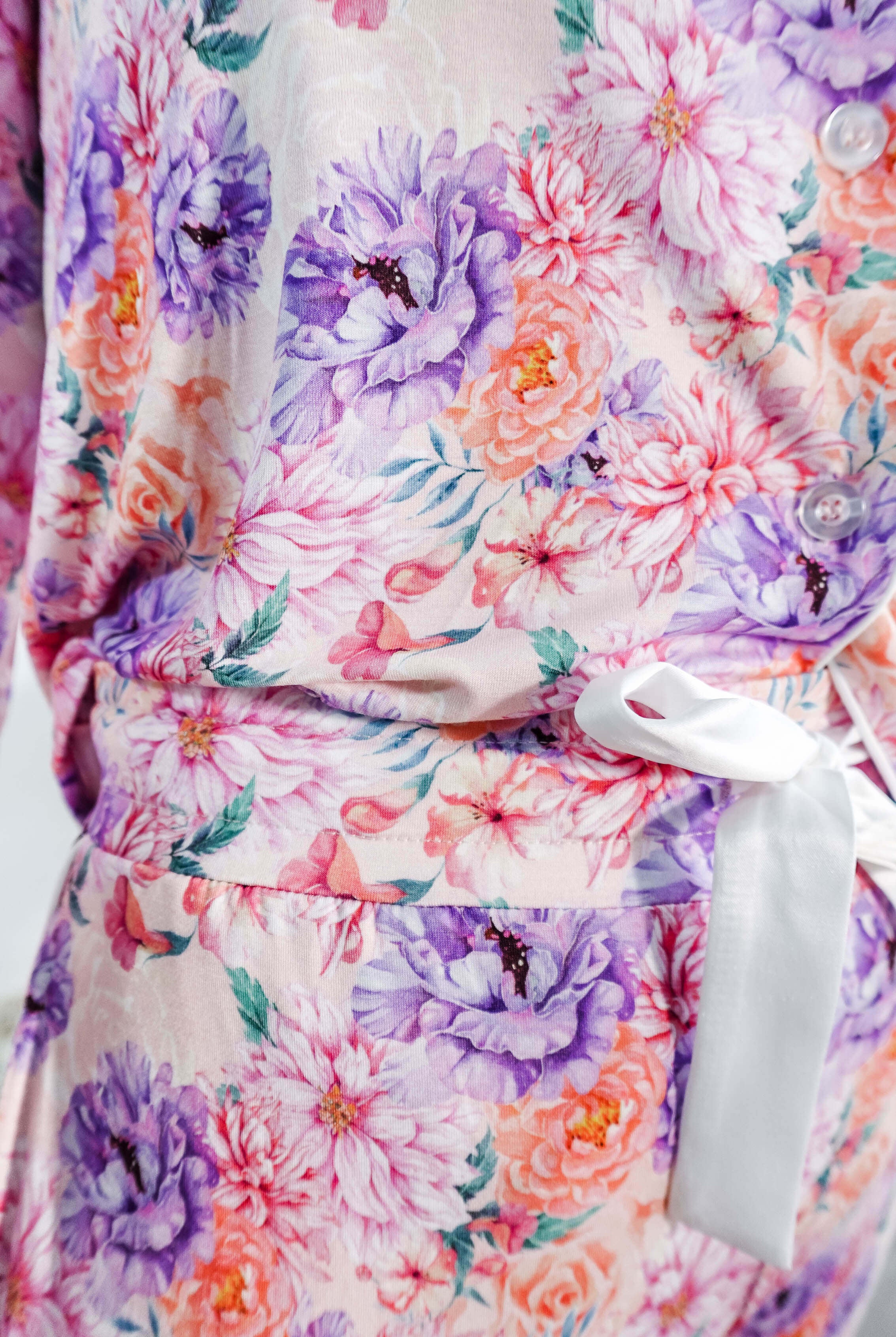 Dream in Blooms Long Sleeve Button Up & Pant Bamboo Lounge Set showcasing floral design and soft fabric details.
