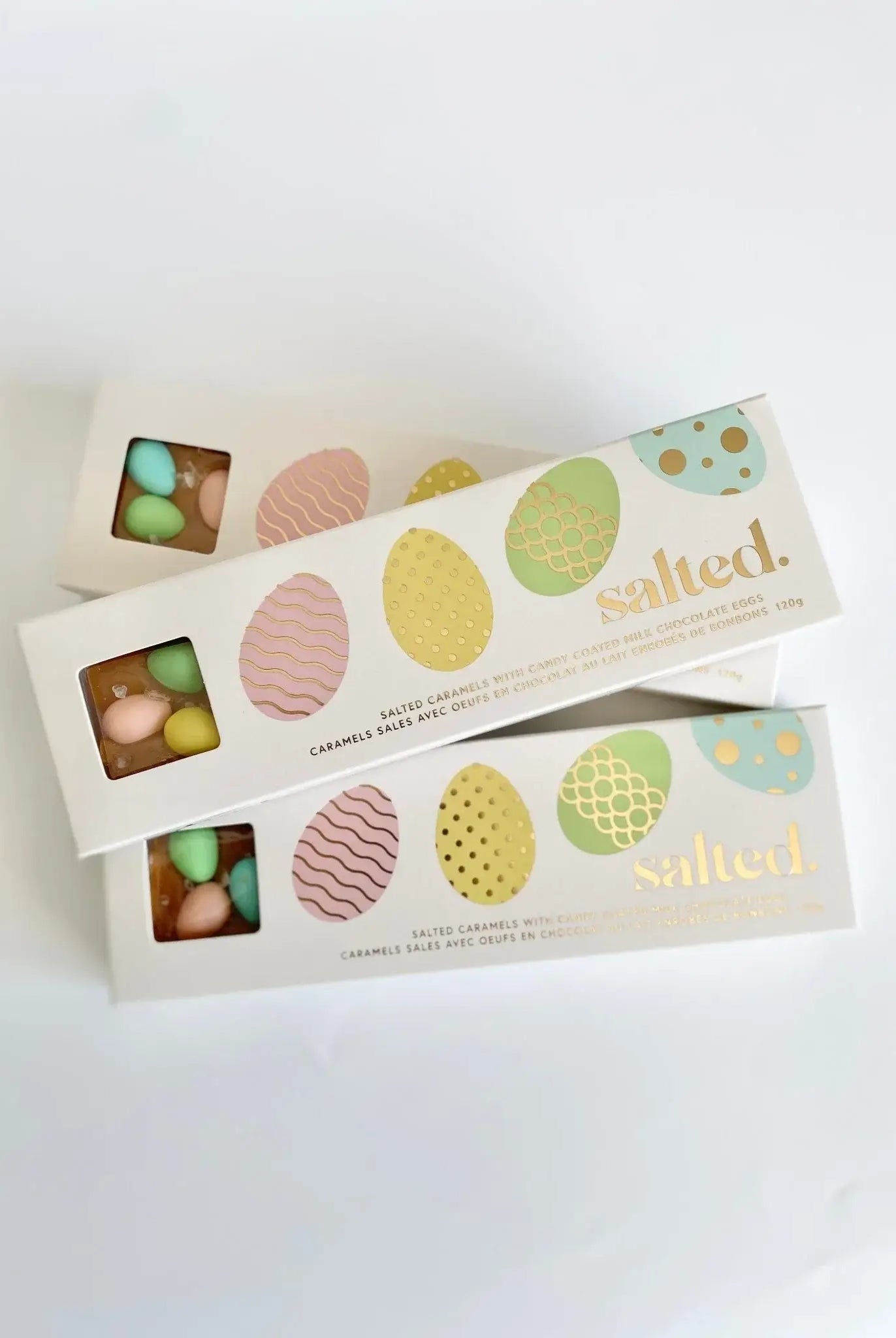 Easter Egg Salted Caramel - 4 piece box featuring colorful candy-coated chocolates.