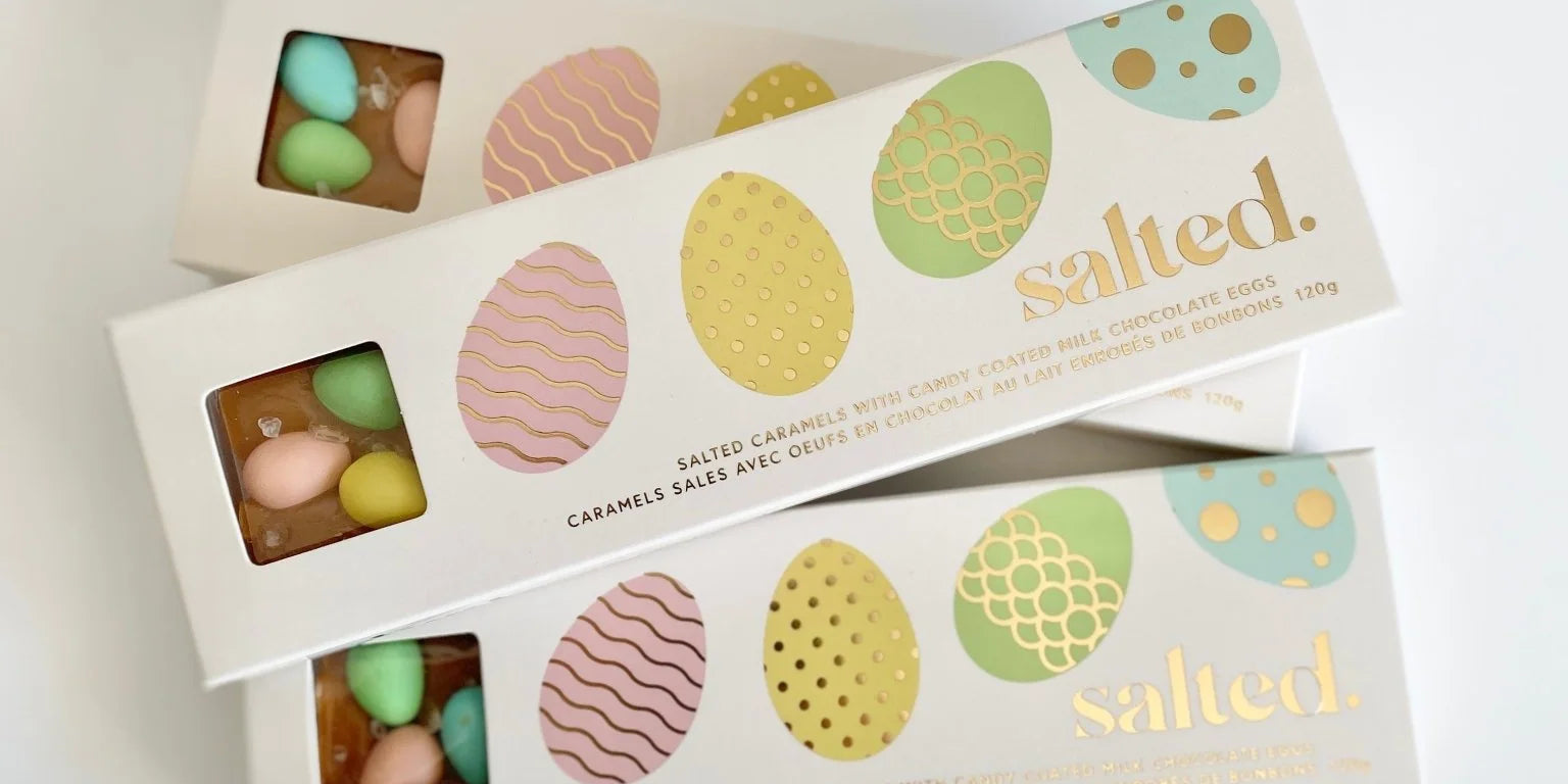 Easter Egg Salted Caramel - 4 piece box featuring colorful candy-coated chocolates.