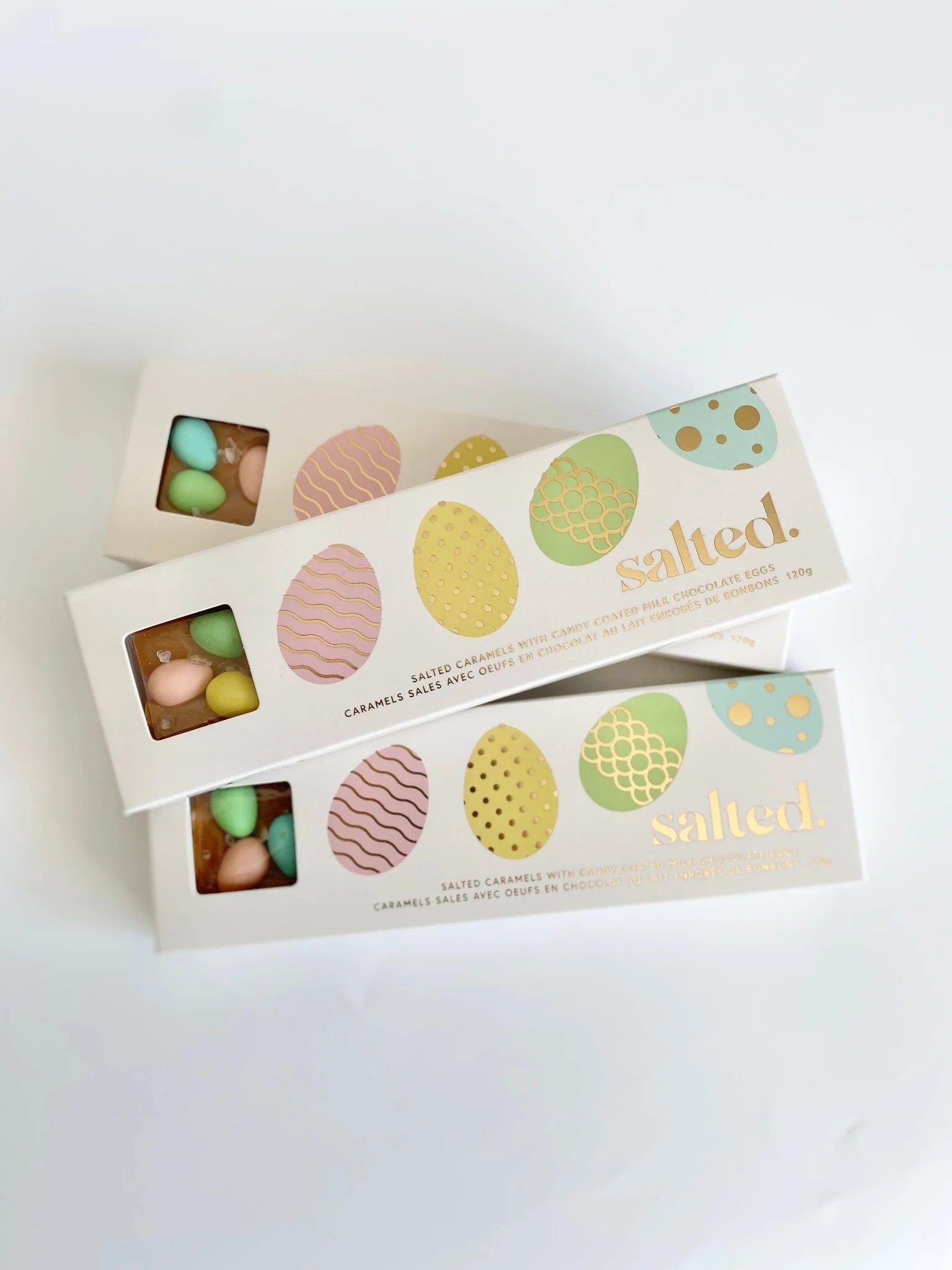 Easter Egg Salted Caramel - 4 piece box featuring colorful candy-coated chocolates.